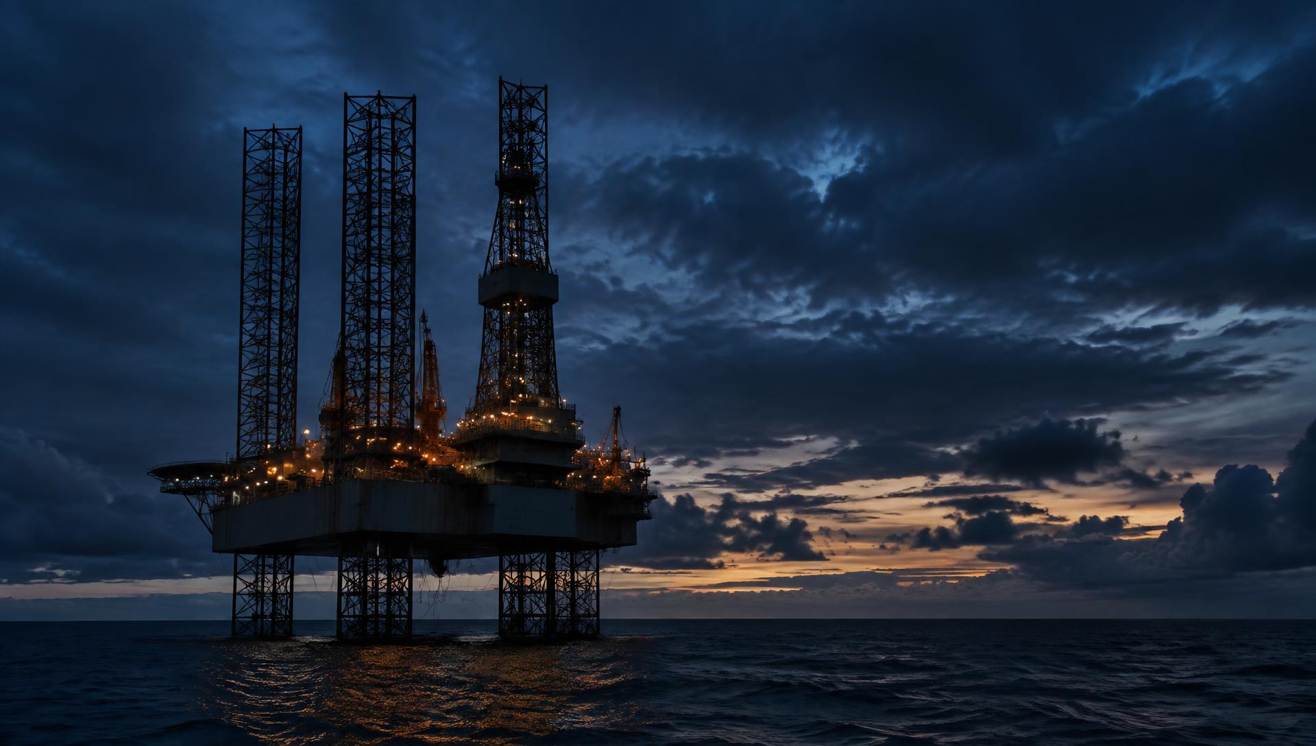 Jack-up offshore drilling rig at dusk in open sea